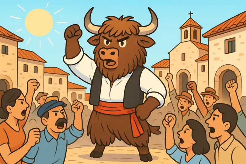 A cartoon yak wearing Spanish peasant clothes stands in a village plaza raising a hoof, surrounded by angry townspeople shouting against a commander's tyranny.