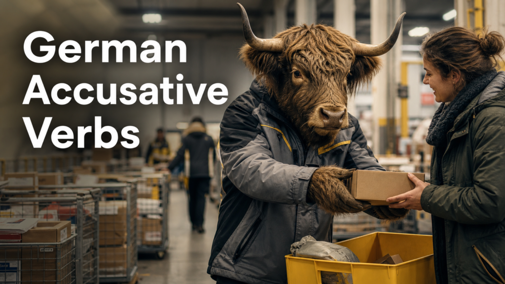 Adult Yak Yacker teaching German accusative verbs at a Cologne parcel depot.