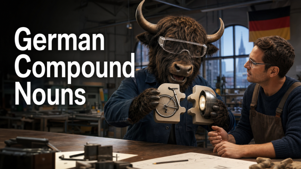 Adult Yak Yacker showing German compound nouns in a Hamburg workshop.