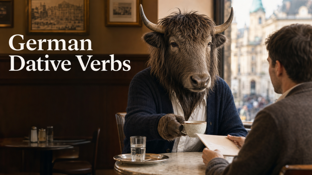 Adult Yak Yacker teaching German dative verbs in a café.