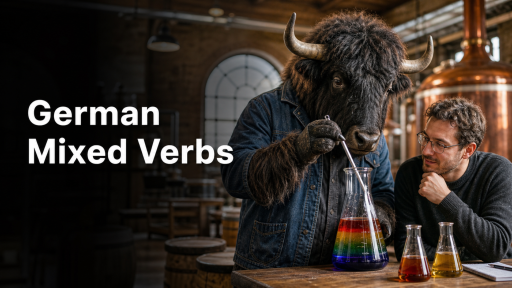 Adult Yak Yacker explaining German mixed verbs in a Munich brewery workshop.