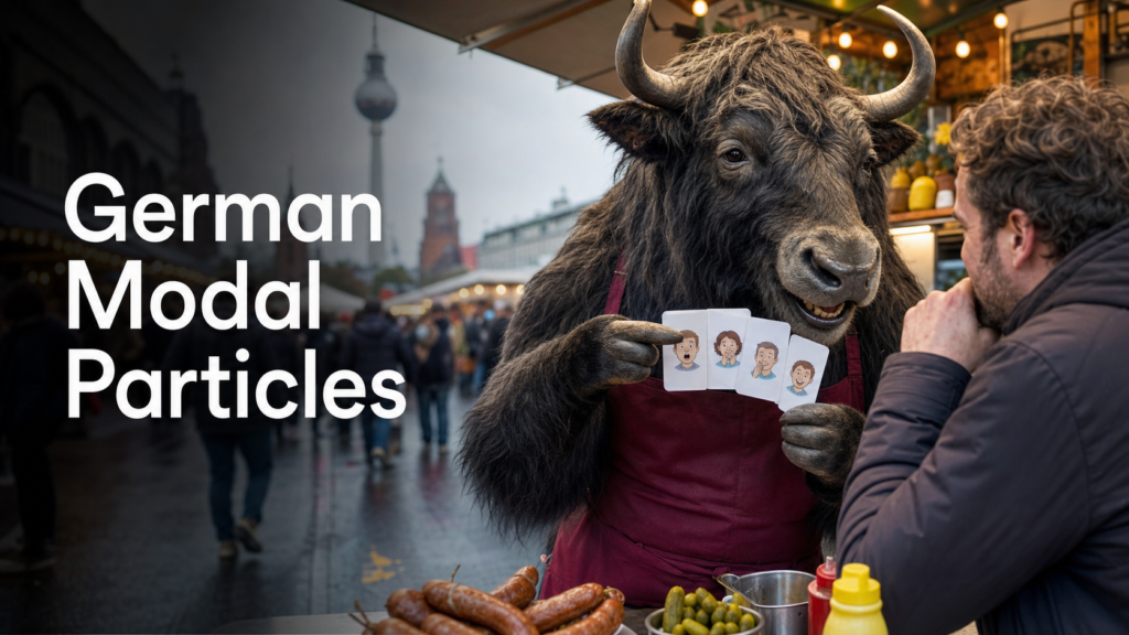 Adult Yak Yacker teaching German modal particles at a Berlin food stall.