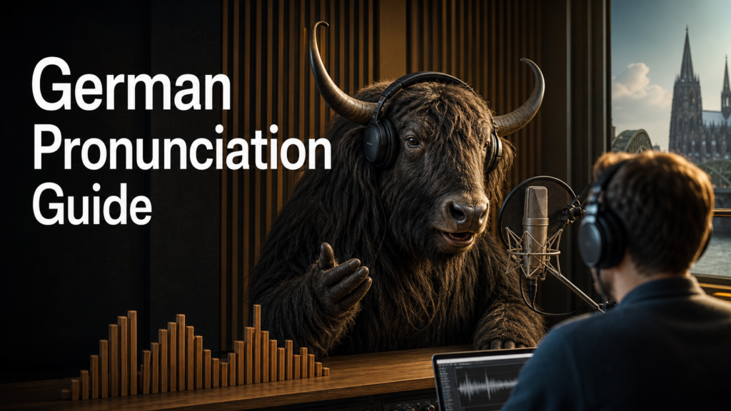 Adult Yak Yacker teaching German pronunciation in a Cologne recording studio.