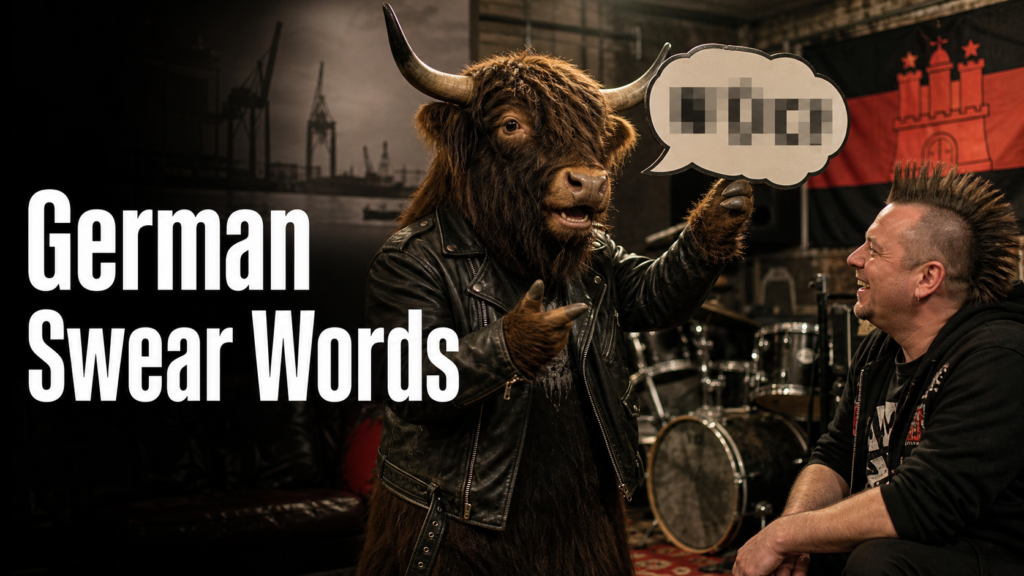 Adult Yak Yacker introducing German swear words in a humorous Hamburg rehearsal room.