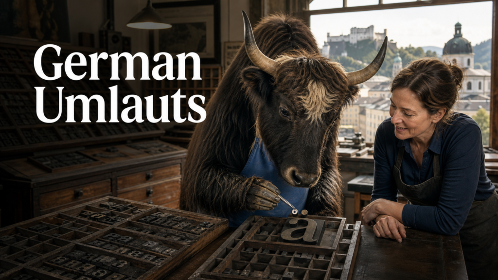 Adult Yak Yacker teaching German umlauts in a letterpress atelier.