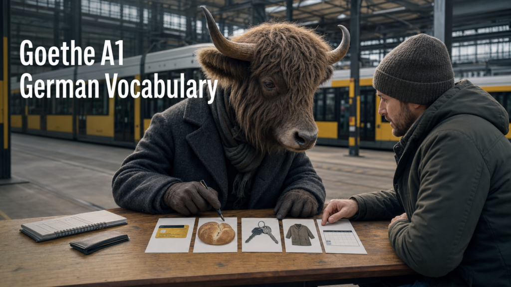 Adult Yak Yacker preparing Goethe A1 German vocabulary in a Berlin tram depot.