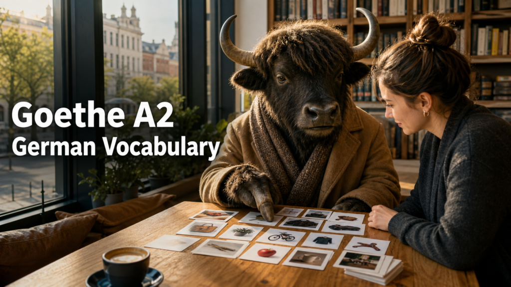 Adult Yak Yacker practising Goethe A2 German vocabulary in a Leipzig bookshop café.