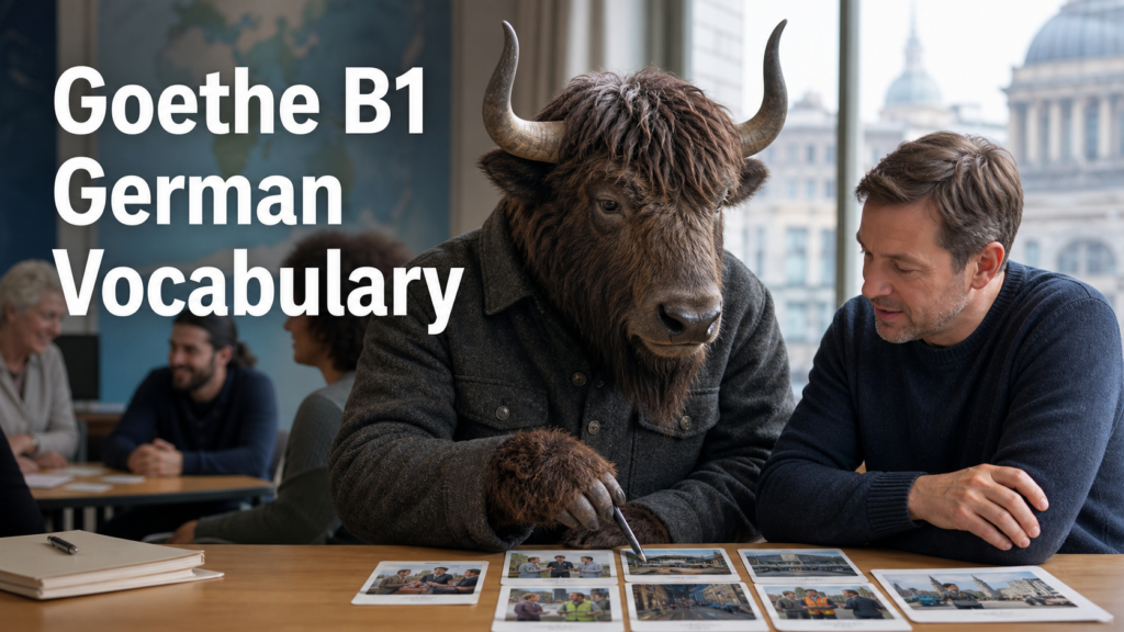 Adult Yak Yacker practising Goethe B1 German vocabulary in a Berlin workshop.