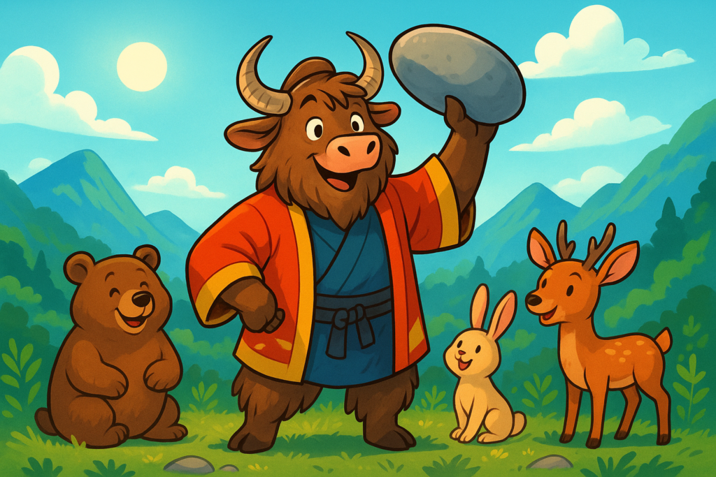 A personified yak with shaggy fur and curved horns, dressed in a red and gold Japanese happi coat over a blue kimono, stands in a mountain clearing lifting a large stone with one hoof. A brown bear, a rabbit, and a deer surround him, looking happy. The illustration is bright and colorful in a clean cartoon style.