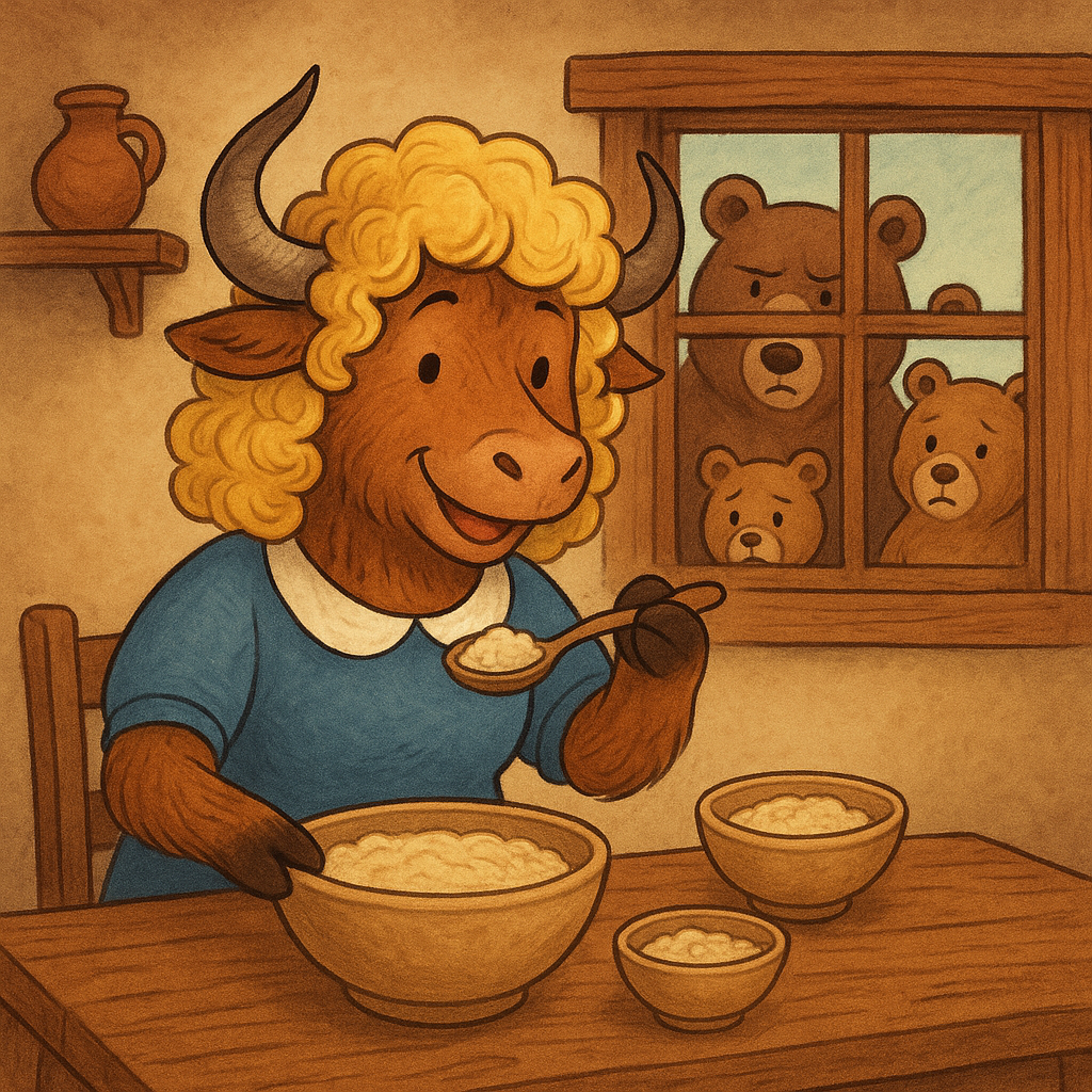 A shaggy yak dressed as Goldilocks, complete with a blond wig and blue dress, stands in a cottage kitchen, eyeing three steaming bowls of porridge on a table.