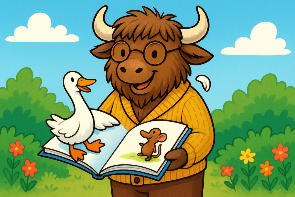 Friendly yak wearing a yellow cardigan and glasses holds open a picture book, with a white goose and a small mouse appearing from the pages, set in a sunny garden.