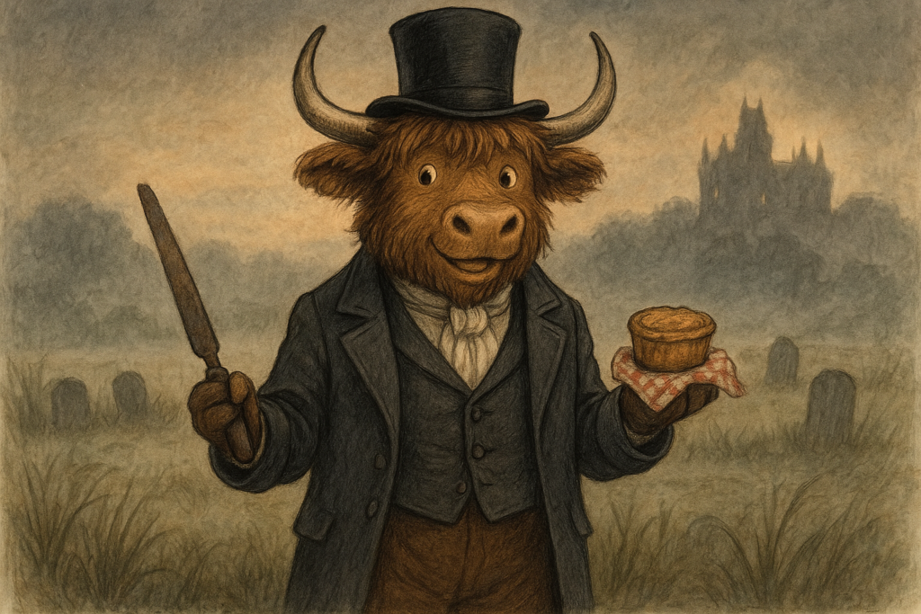 A shaggy yak with curved horns stands on two legs wearing a Victorian top hat and tailcoat, holding a file and a pie, with a misty marsh and an old mansion in the background.