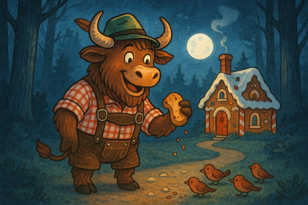 A personified yak with shaggy brown fur and curved horns, dressed in a Bavarian hat and lederhosen, stands in a moonlit forest. It holds a piece of bread and drops crumbs, with birds nearby. In the background, a candy house glows softly. Glowing pebbles line the path.