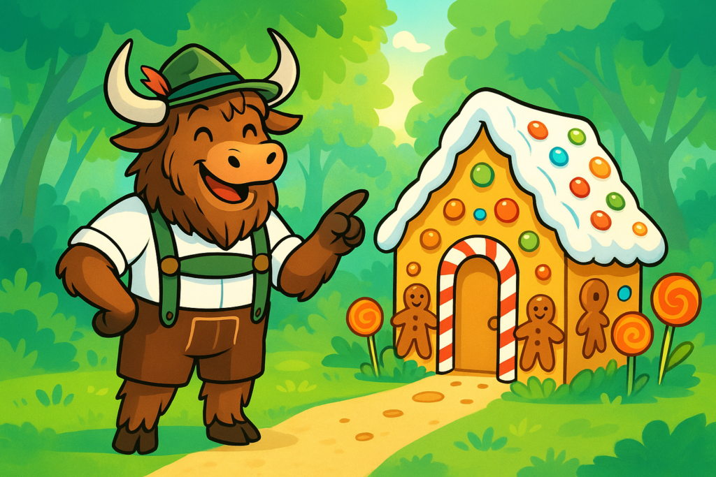 A cartoon yak dressed in German lederhosen and a traditional hat stands in a sunny forest, gesturing excitedly toward a vibrant gingerbread house covered in sweets. A few breadcrumbs are visible on the ground.