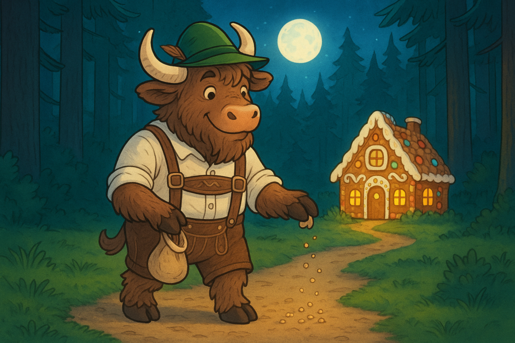 A yak mascot in traditional German lederhosen and a feathered hat, standing on a forest path and dropping breadcrumbs from a sack. Behind it, a glowing gingerbread house is visible through the moonlit trees. The yak has a friendly, goofy expression.