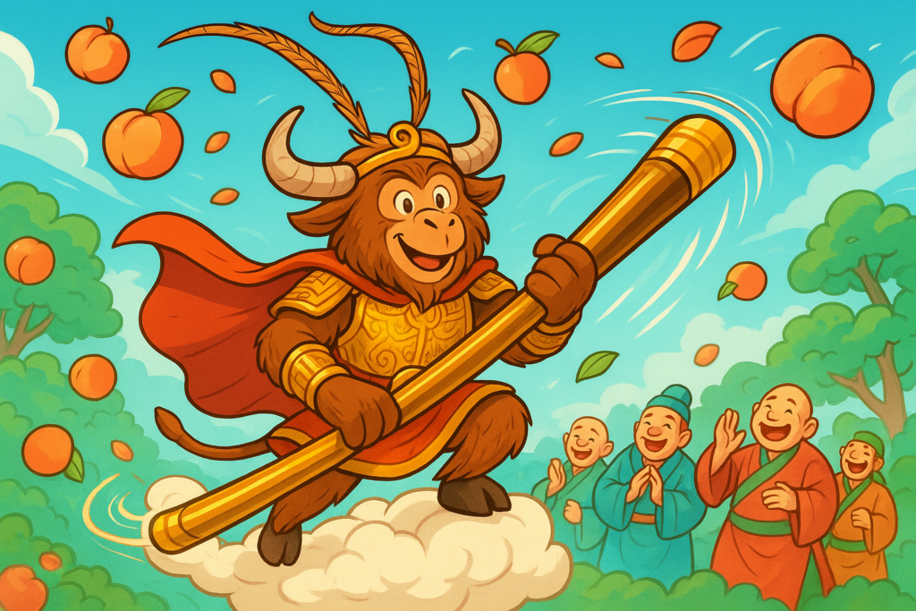 A shaggy yak mascot dressed as the Monkey King in golden armor and a red cape, standing on a cloud and spinning a giant gold-banded staff. Peaches tumble through the air, and laughing immortals watch from the background.
