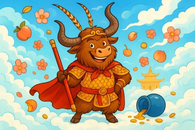 A personified yak with shaggy fur and curved horns, dressed as the Monkey King in golden armor and a red cape, stands on a cloud holding a magical staff, surrounded by scattered peaches and celestial items, depicting the 'Havoc in Heaven' scene in a bright, cartoon editorial style.