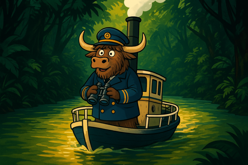 A cartoon yak dressed as a steamboat captain stands at the bow of a small steamboat on a jungle river, holding binoculars and looking ahead into the distance.