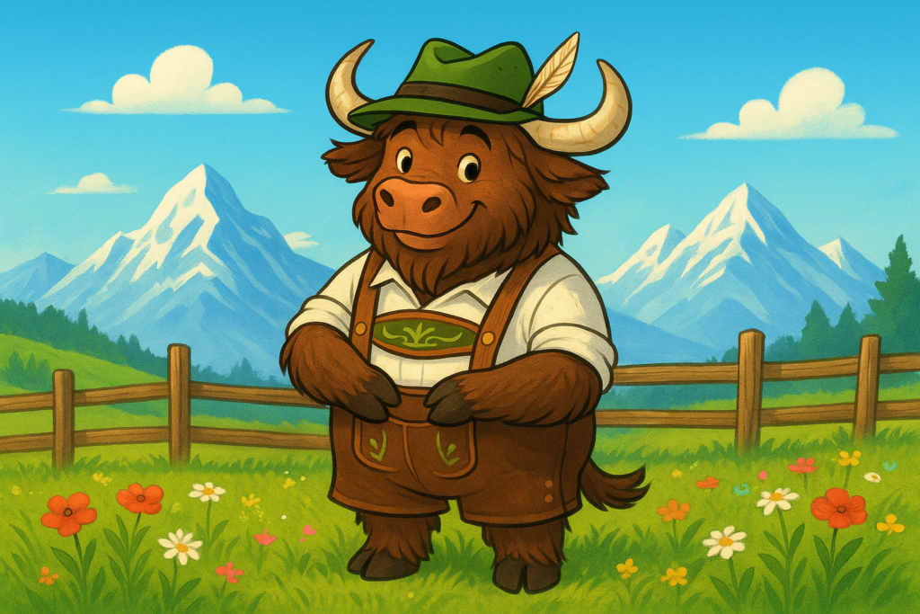 A friendly cartoon yak dressed in lederhosen and a hat stands on an Alpine meadow with mountains in the background.