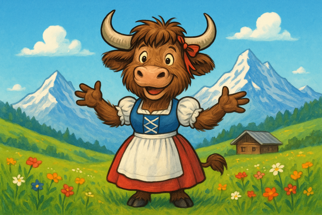 A yak dressed in a traditional Alpine dirndl stands on a sunny meadow with arms outstretched, snow-capped mountains and a wooden hut behind it, looking joyfully at the view.