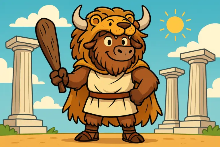 Yak mascot dressed as Hercules, wearing a lion skin cape and holding a wooden club, standing in front of Greek columns.