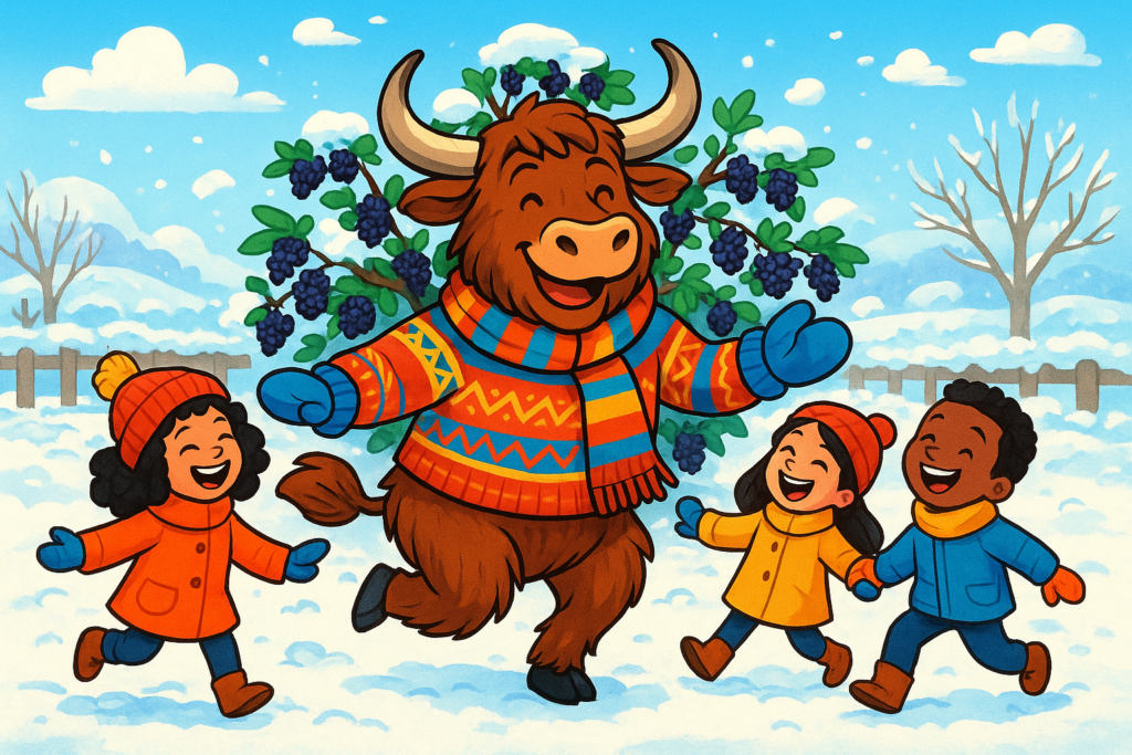 A friendly yak mascot in a colorful winter outfit dances in a circle with children around a mulberry bush in a snowy garden.