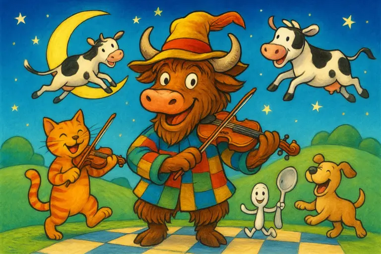A personified yak in a colorful bard outfit smiles while playing a fiddle, with a nursery rhyme scene behind including a cat with a fiddle, a cow jumping over a moon, a laughing dog, and a running dish and spoon.