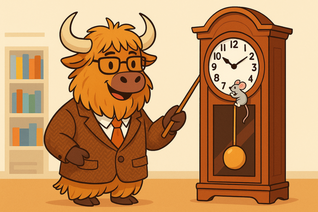 A personified yak mascot with shaggy fur and horns, dressed in a tweed jacket and glasses, points at a large grandfather clock while a tiny mouse climbs up its face.