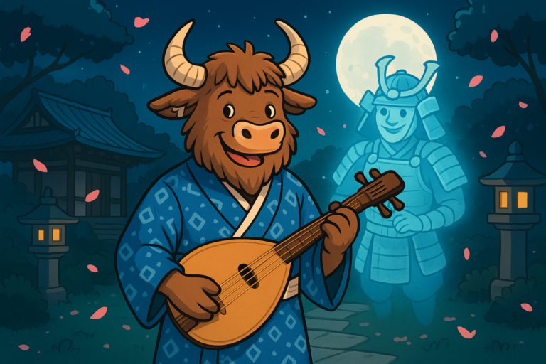 A cartoon yak wearing a kimono plays a biwa in a temple garden, with a ghostly samurai behind him. The yak has no ears, with bandages in their place.
