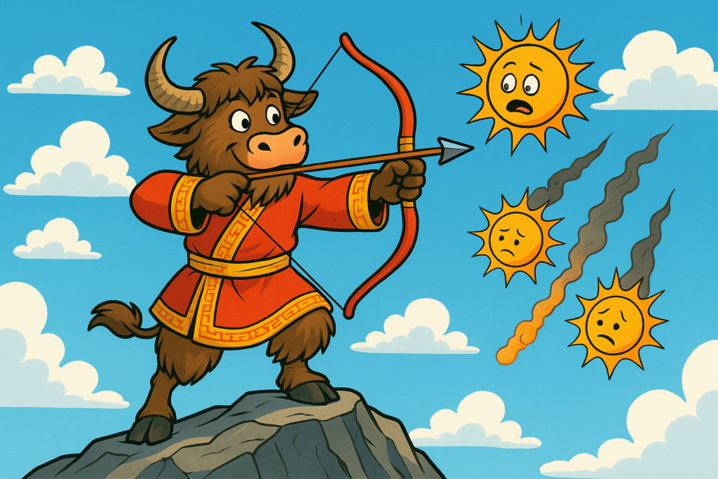 A personified yak with shaggy fur and curved horns, dressed as a Chinese archer in a red tunic, stands on a mountain peak aiming a red bow at a group of suns. One sun falls behind him while the last sun peeks out nervously from the bright blue sky. The scene is playful and colorful.