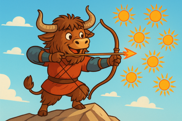 A shaggy brown yak dressed as a traditional Chinese archer stands on a rocky mountain peak, pulling back a bow and aiming at nine glowing suns scattered across a bright blue sky. The cartoon illustration has an editorial style with vibrant colors.