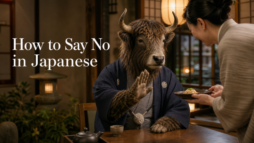 Adult Yak Yacker teacher politely refusing food in a Kyoto tea house while teaching how to say no in Japanese.