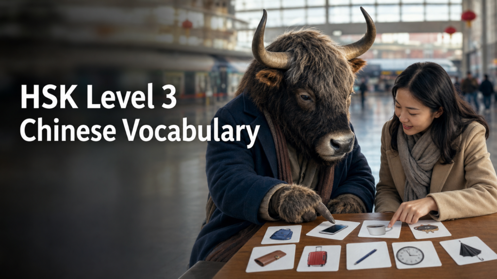 Adult Yak Yacker teaching HSK Level 3 Chinese Vocabulary in railway-station concourse.