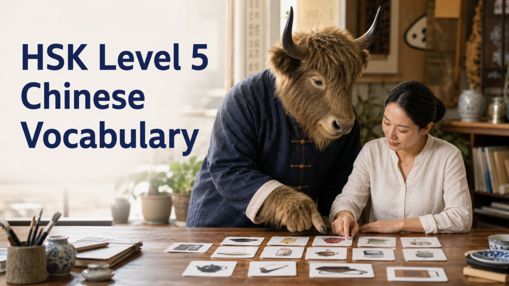 Adult Yak Yacker teaching HSK Level 5 Chinese Vocabulary in studio with a large worktable.
