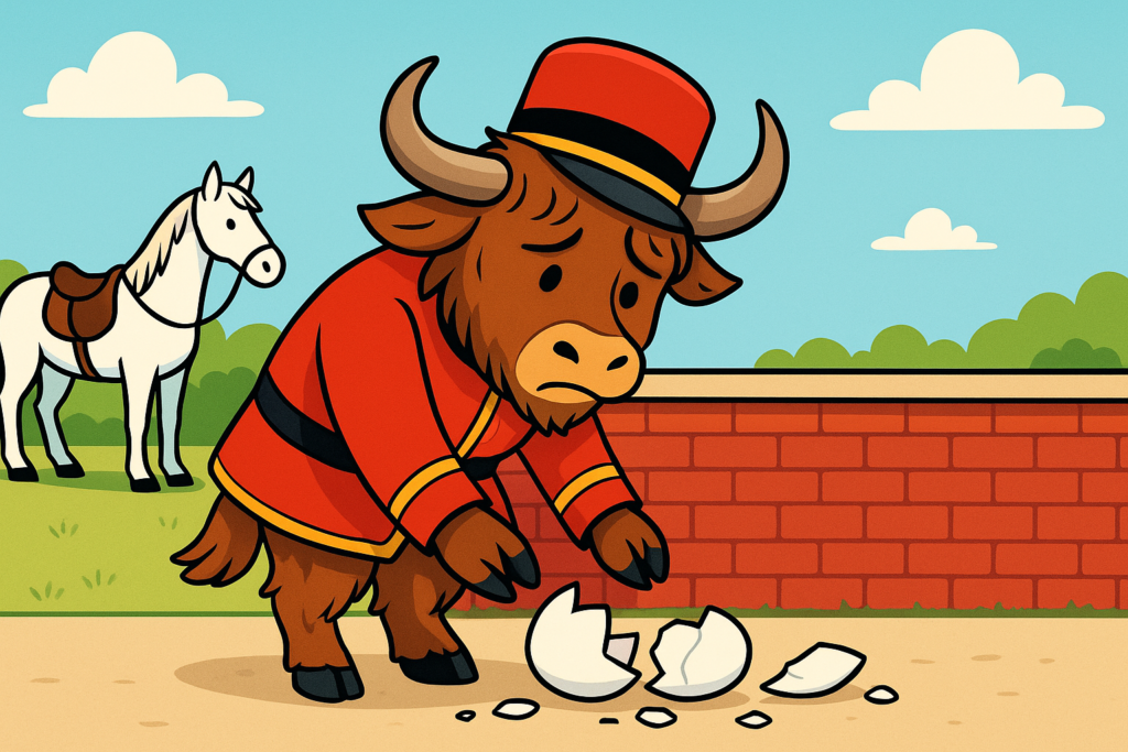 A friendly yak mascot dressed as a King's guard, with shaggy fur and curved horns, stands sadly next to a brick wall, bending over broken eggshell pieces on the ground as a horse waits behind.