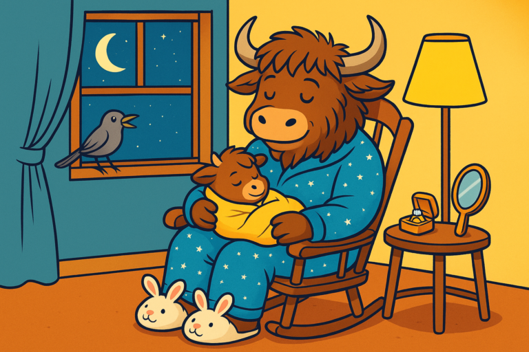 A personified yak in star-patterned blue pajamas rocks a baby yak in a nursery, with a mockingbird on the window sill and a lamp glowing warmly.