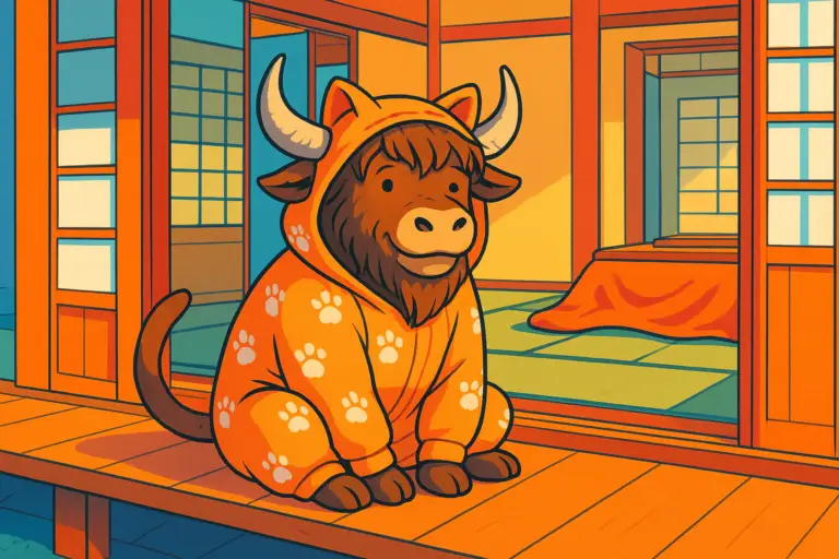 A personified yak wearing a cat costume sits on a traditional Japanese veranda, looking into a tatami room with a kotatsu.