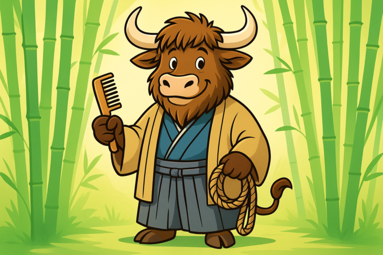 A personified yak in traditional Japanese clothing stands puzzled in a bamboo grove, holding a comb and rope, its shaggy fur and horns contrasting with the bright clean cartoon style.