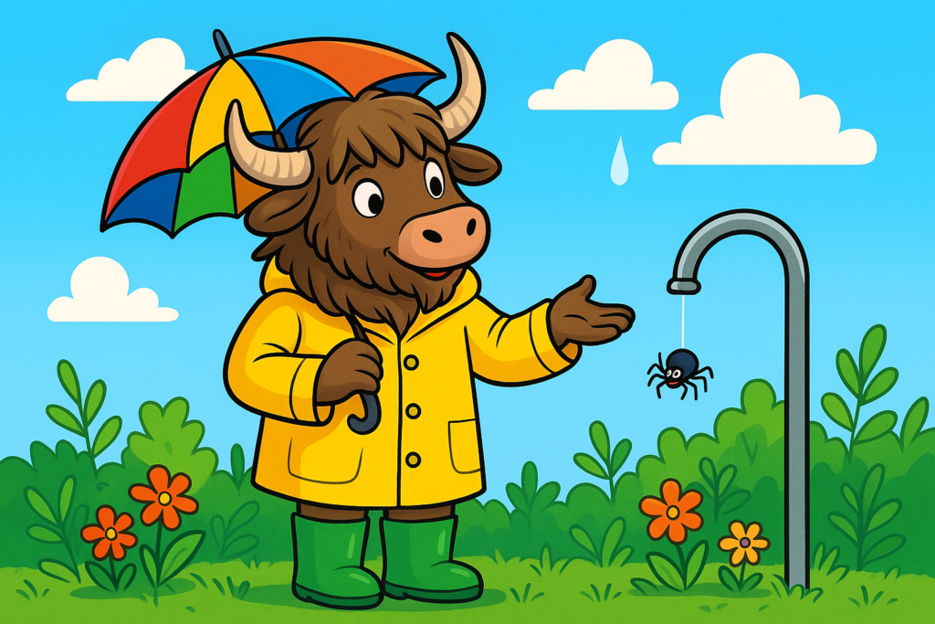 A friendly yak in a yellow raincoat and boots gestures toward a tiny smiling spider climbing a water spout under a bright blue sky with clouds and a falling raindrop.