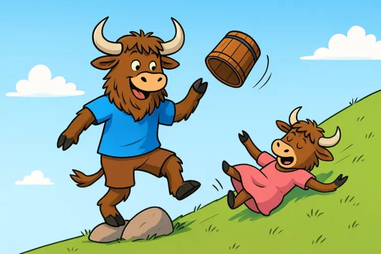 A personified yak dressed as Jack slips on a grassy hill, with a wooden bucket flying upward, while a second yak as Jill tumbles behind. Both yaks have shaggy fur, curved horns, and warm, funny faces.
