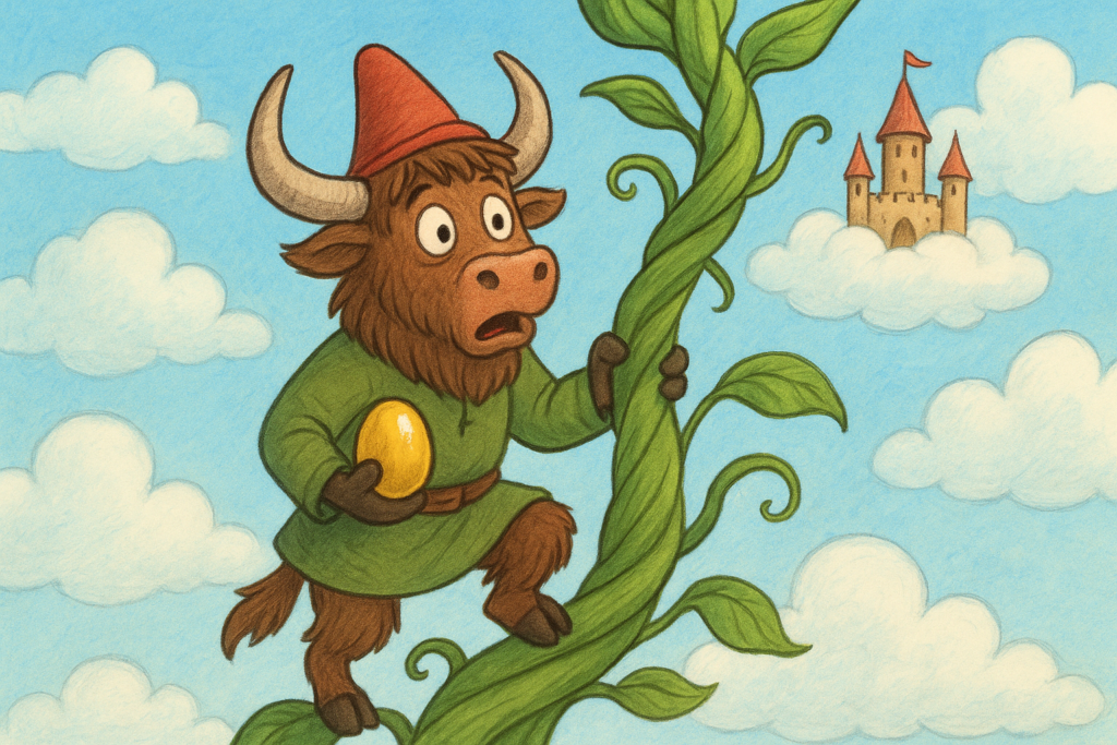 A personified yak dressed as a peasant boy climbs a giant beanstalk, holding a golden egg, with a castle on a cloud above.