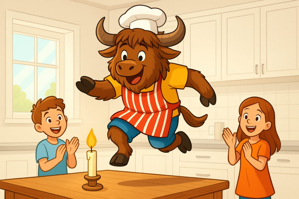 A personified yak mascot, dressed in a chef hat and apron, joyfully leaps over a lit candlestick on a kitchen table while two children watch and clap.