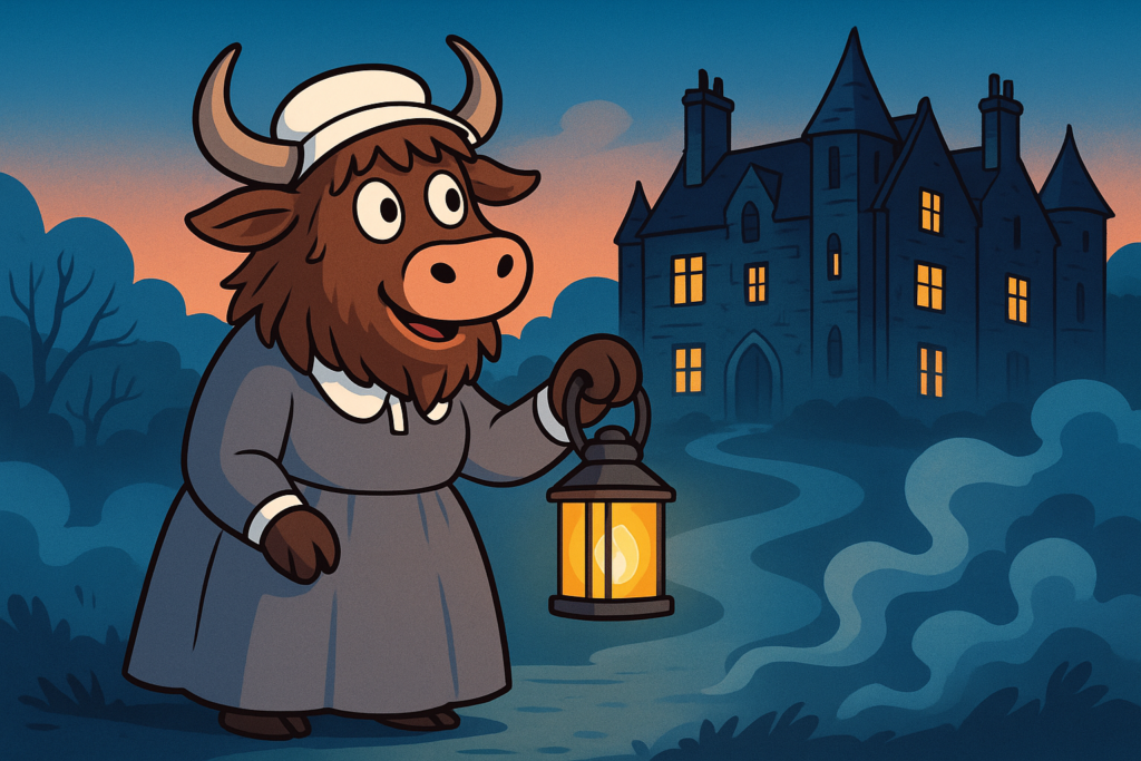 A personified yak dressed as Jane Eyre in a Victorian governess dress and bonnet, holding a lantern, walks towards a gloomy mansion at dusk with glowing windows and misty grounds, in a clean cartoon style with bright colors.