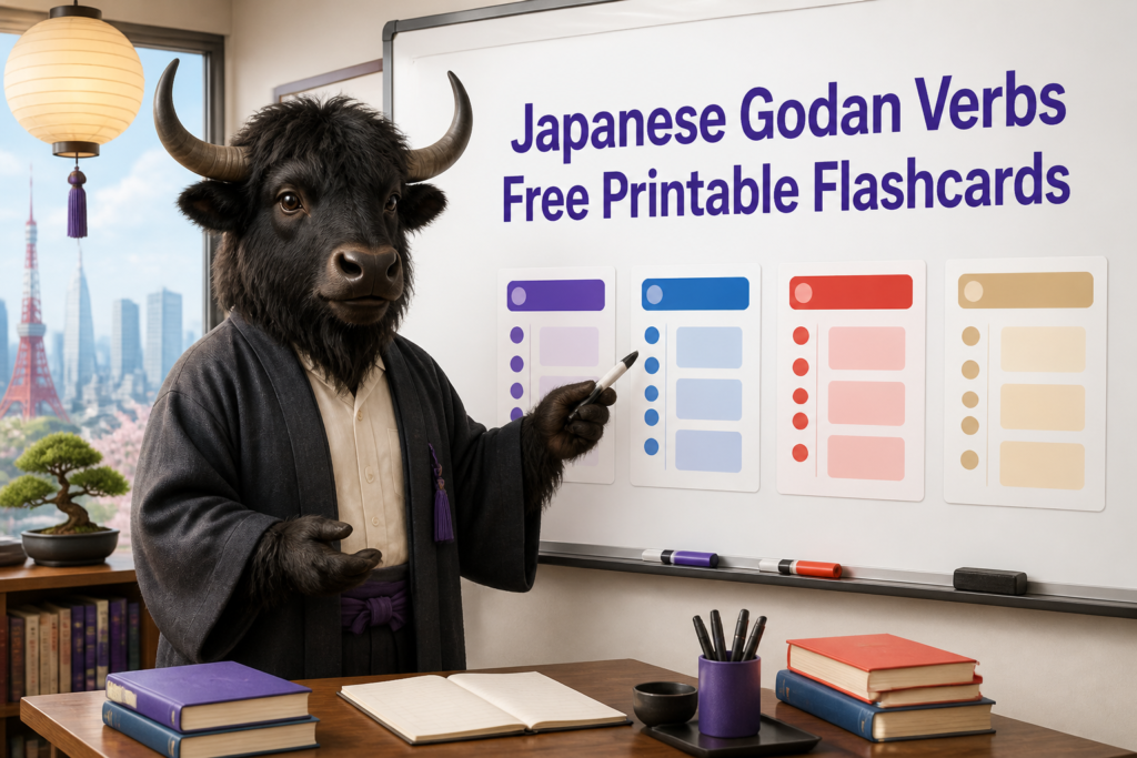 Yak Yacker mascot teaching Japanese godan verb patterns with printable flashcards in a Japanese classroom.