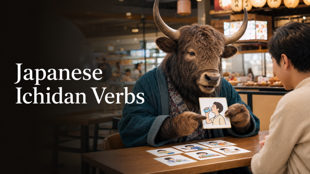 Adult Yak Yacker teaching Japanese Ichidan Verbs in lively food hall.