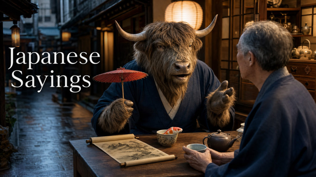 Adult Yak Yacker sharing Japanese sayings in a lantern-lit Kyoto alley.