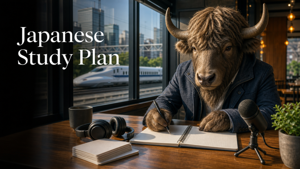 Adult Yak Yacker planning Japanese grammar, vocabulary, listening, and speaking practice in a Tokyo commuter café.