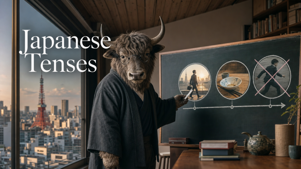 Adult Yak Yacker teacher explaining Japanese tenses with a visual time sequence in a Tokyo study loft.