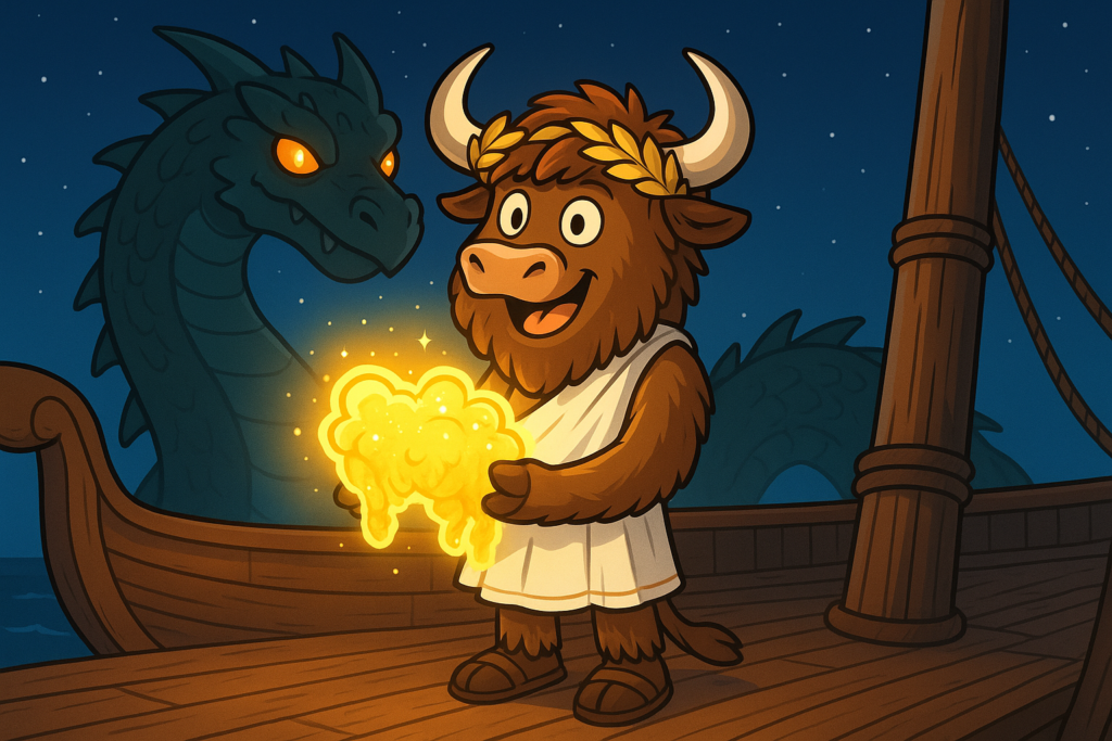 A personified yak mascot dressed as a Greek hero stands on a wooden ship deck, gripping a luminous golden fleece, while a dragon towers behind under a starry sky.