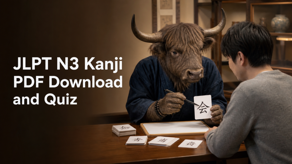 Adult Yak Yacker teaching JLPT N3 Kanji PDF Download and Quiz in small museum study room.